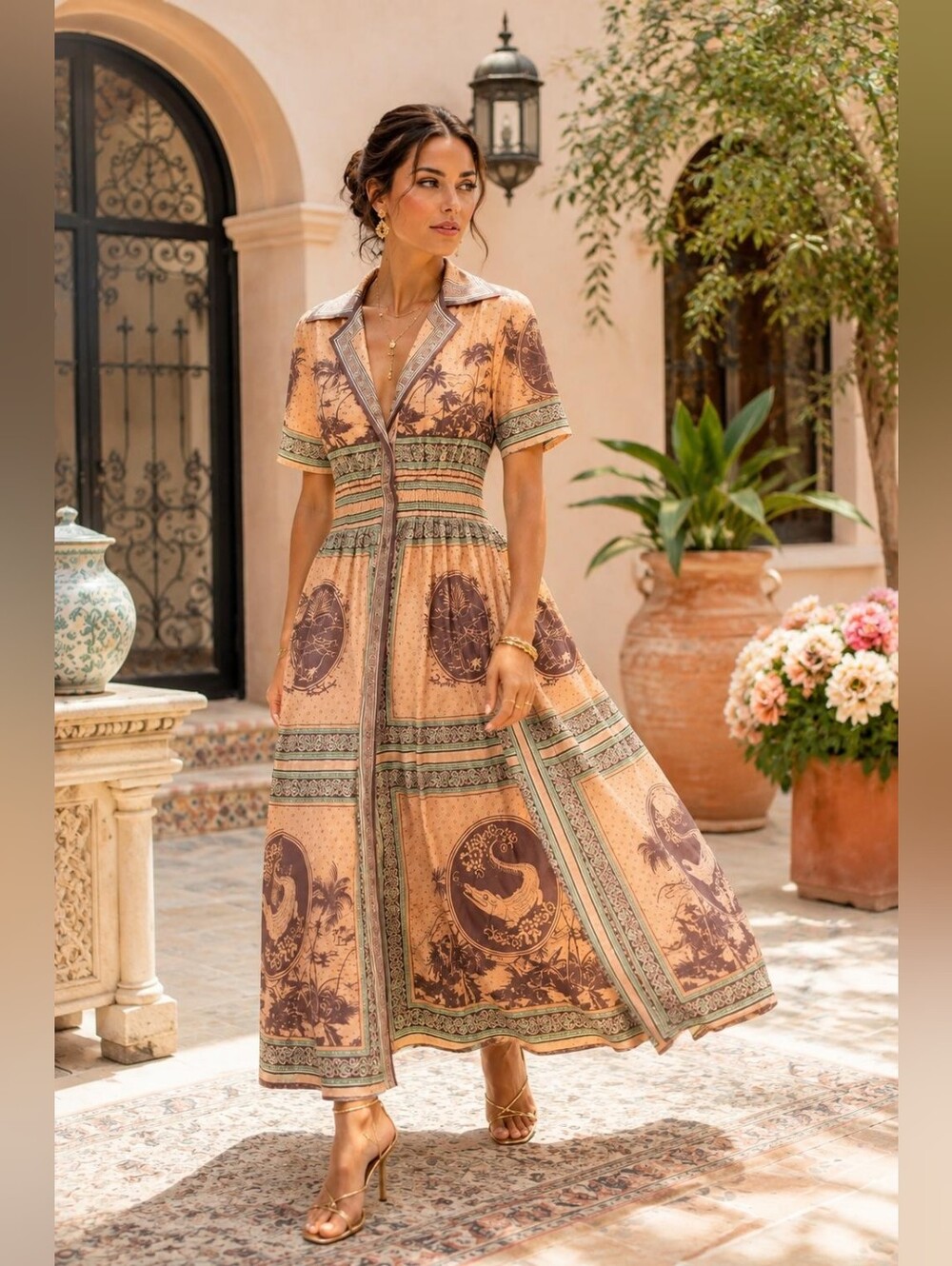 EL 15 Made In Italy Linen Peach Bohemian Button-Front Alligator Print Maxi Dress